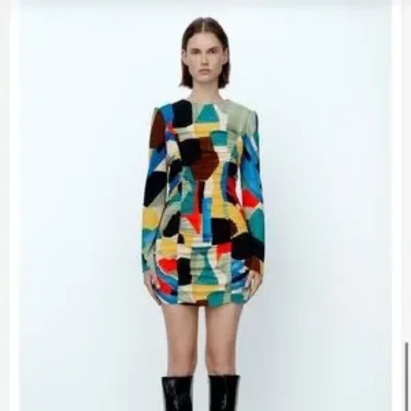 ZARA Abstract Colourful Ruched bodycon Mini Dress long sleeve Bloggers Fave 80s - Picture 2 of 12